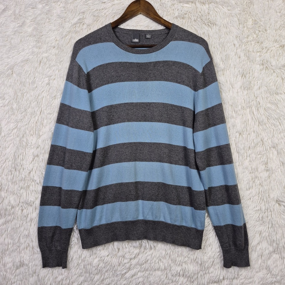 Cullen Mens Cotton Cashmere Striped Crewneck Sweater Grey Blue Size L Colorblock
